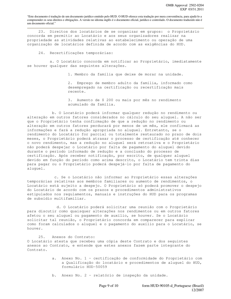 Form HUD-90105-D Lease for Section 811 Prac (Portuguese), Page 9