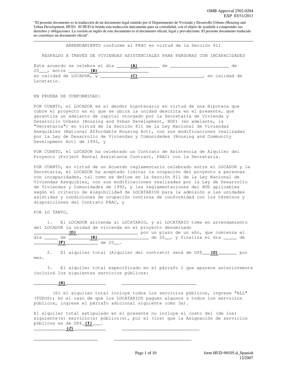 Formulario HUD-90105-D Arrendamiento Conforme Al Prac En Virtud De La Seccion 811 (Spanish), Page 1