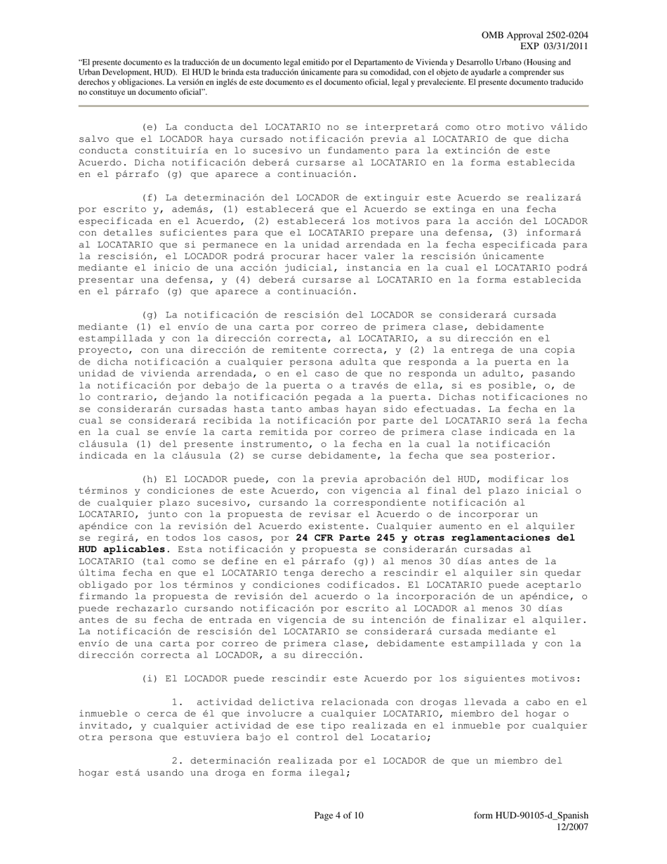 Formulario HUD-90105-D Arrendamiento Conforme Al Prac En Virtud De La Seccion 811 (Spanish), Page 4