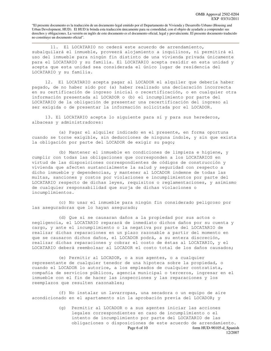 Formulario HUD-90105-D Arrendamiento Conforme Al Prac En Virtud De La Seccion 811 (Spanish), Page 6