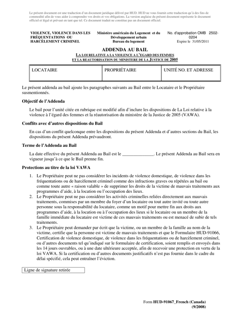 Form HUD-91067 Lease Addendum - Violence Against Women and Justice Department Reauthorization Act of 2005 (French)