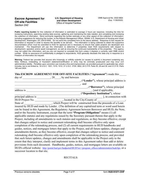 Form HUD-91071-OHF Escrow Agreement for off-Site Facilities - Section 242