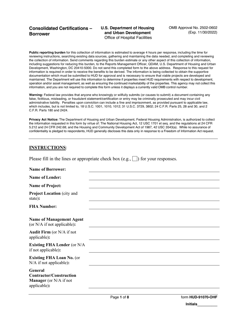 Form HUD-91070-OHF Consolidated Certifications - Borrower, Page 1