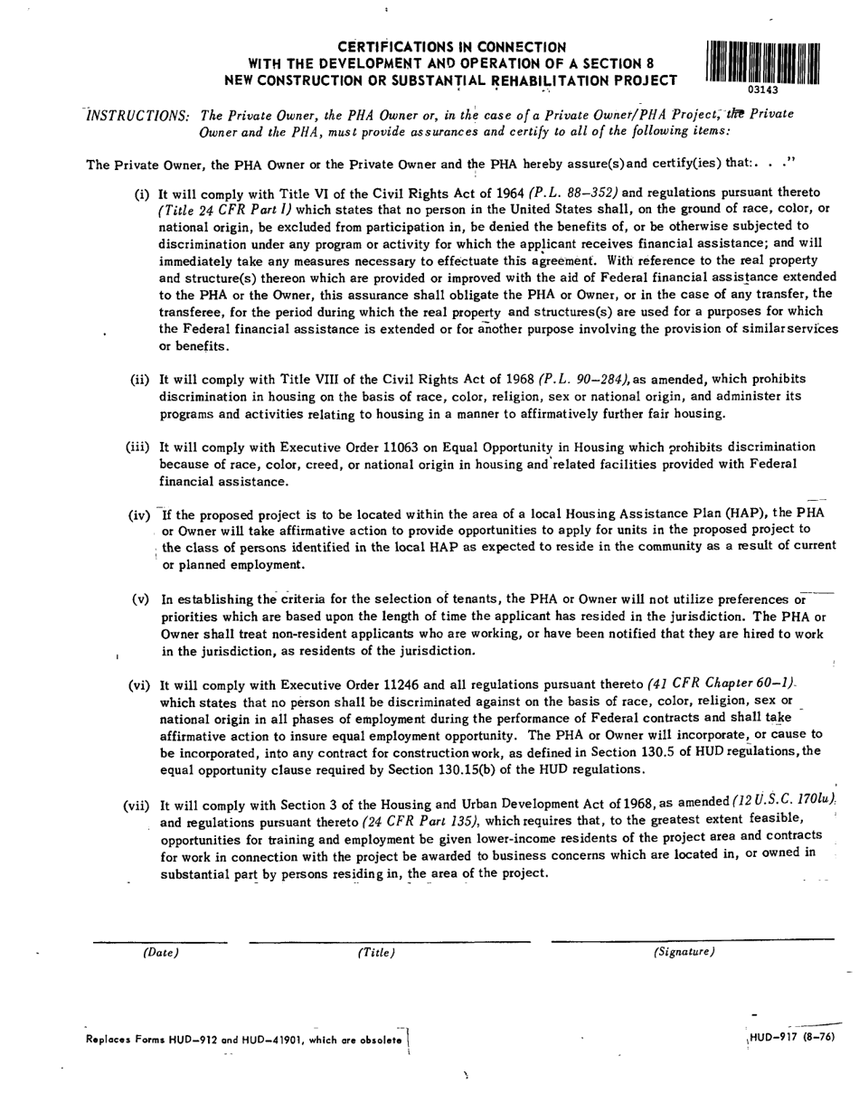 Form HUD-917 Certifications in Connection With the Development and Operation of a Section 8 New Construction or Substantial Rehabilitation Project, Page 1