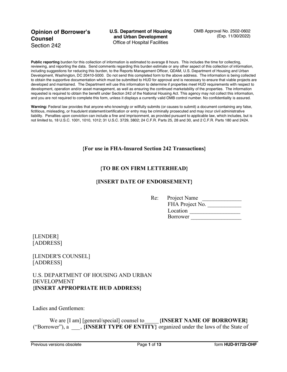 Form HUD-91725-OHF Opinion of Borrowers Counsel, Page 1