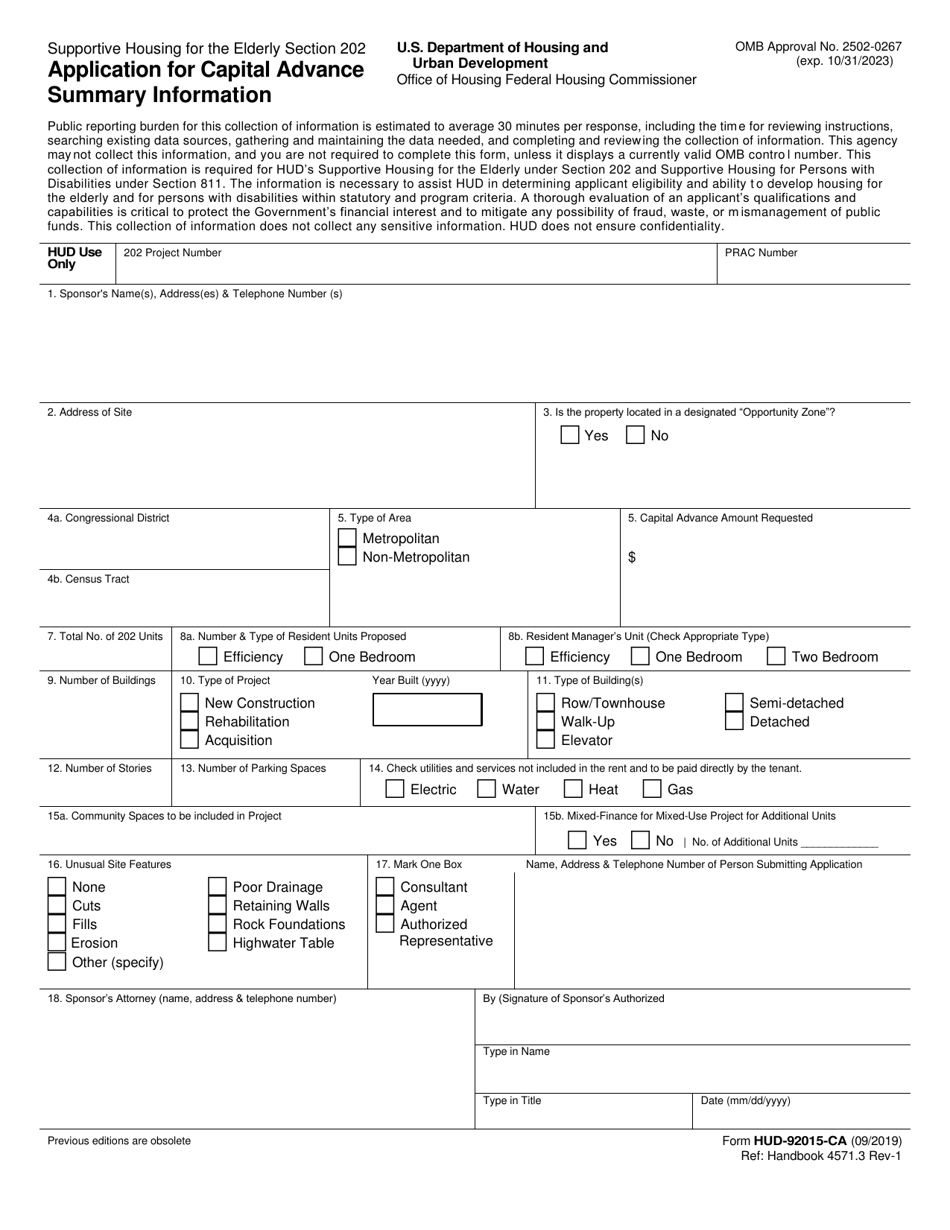Form HUD-92015-CA Application for Capital Advance Summary Information, Page 1