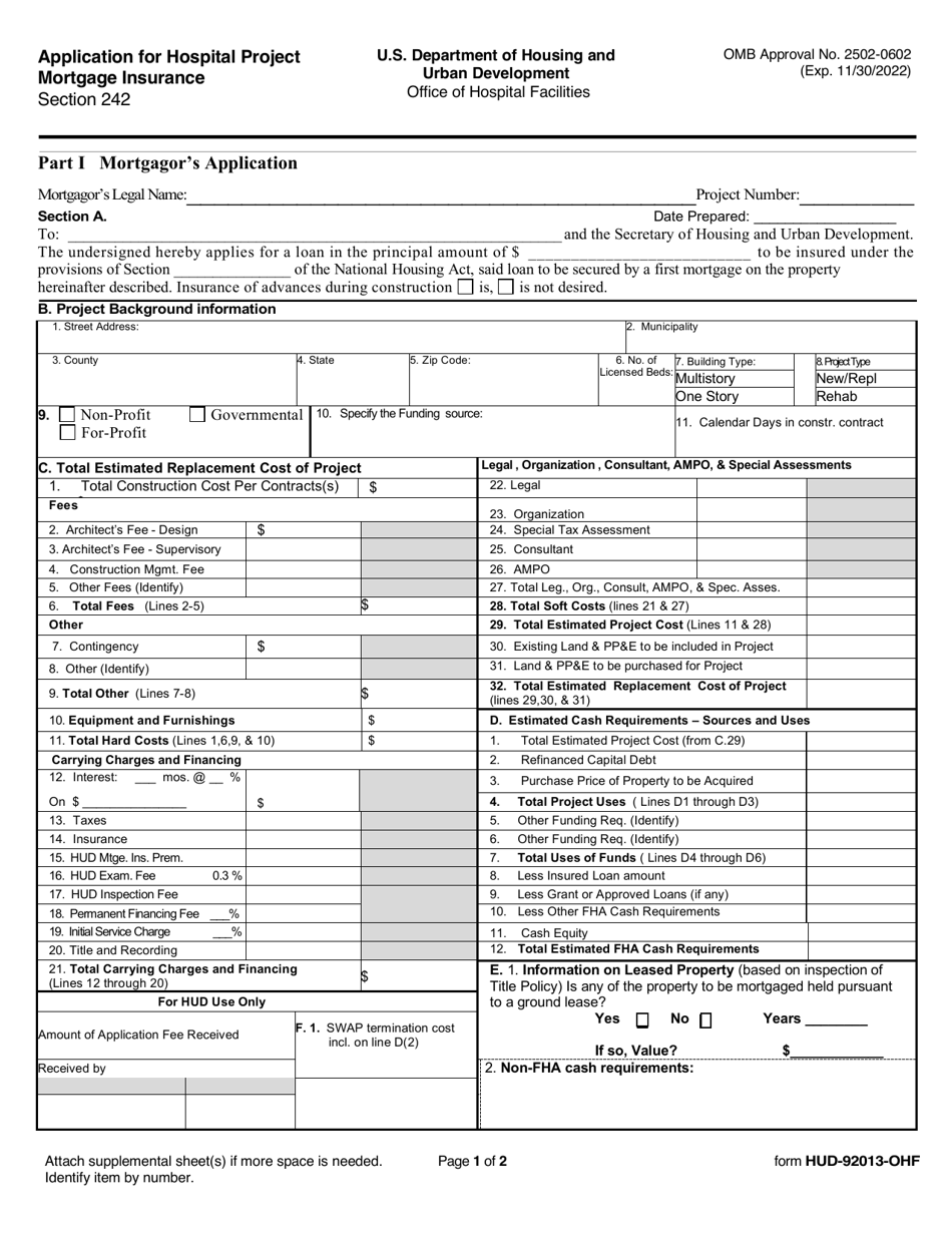 Form HUD-92013-OHF Application for Hospital Project Mortgage Insurance, Page 1