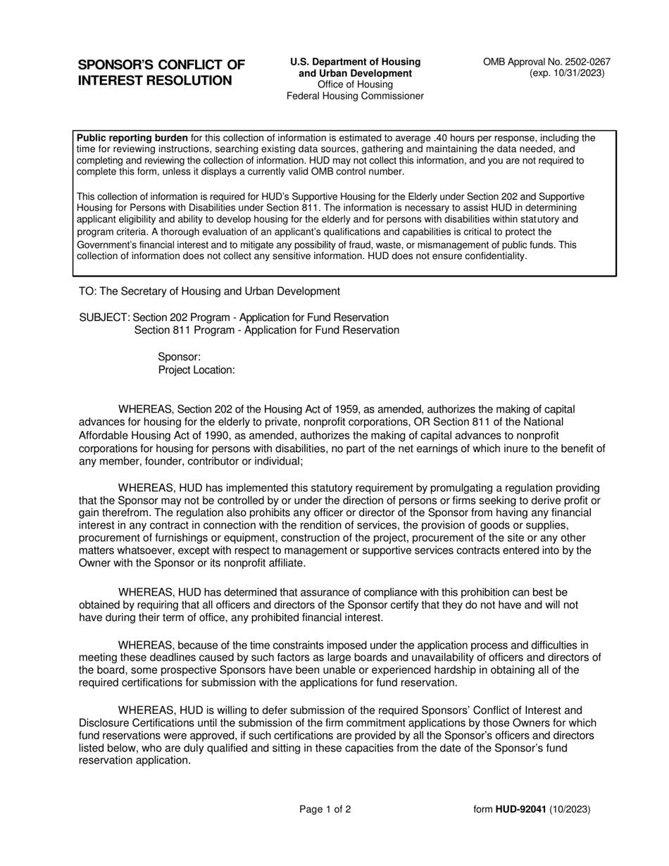 Form HUD-92041 Sponsors Conflict of Interest Resolution, Page 1