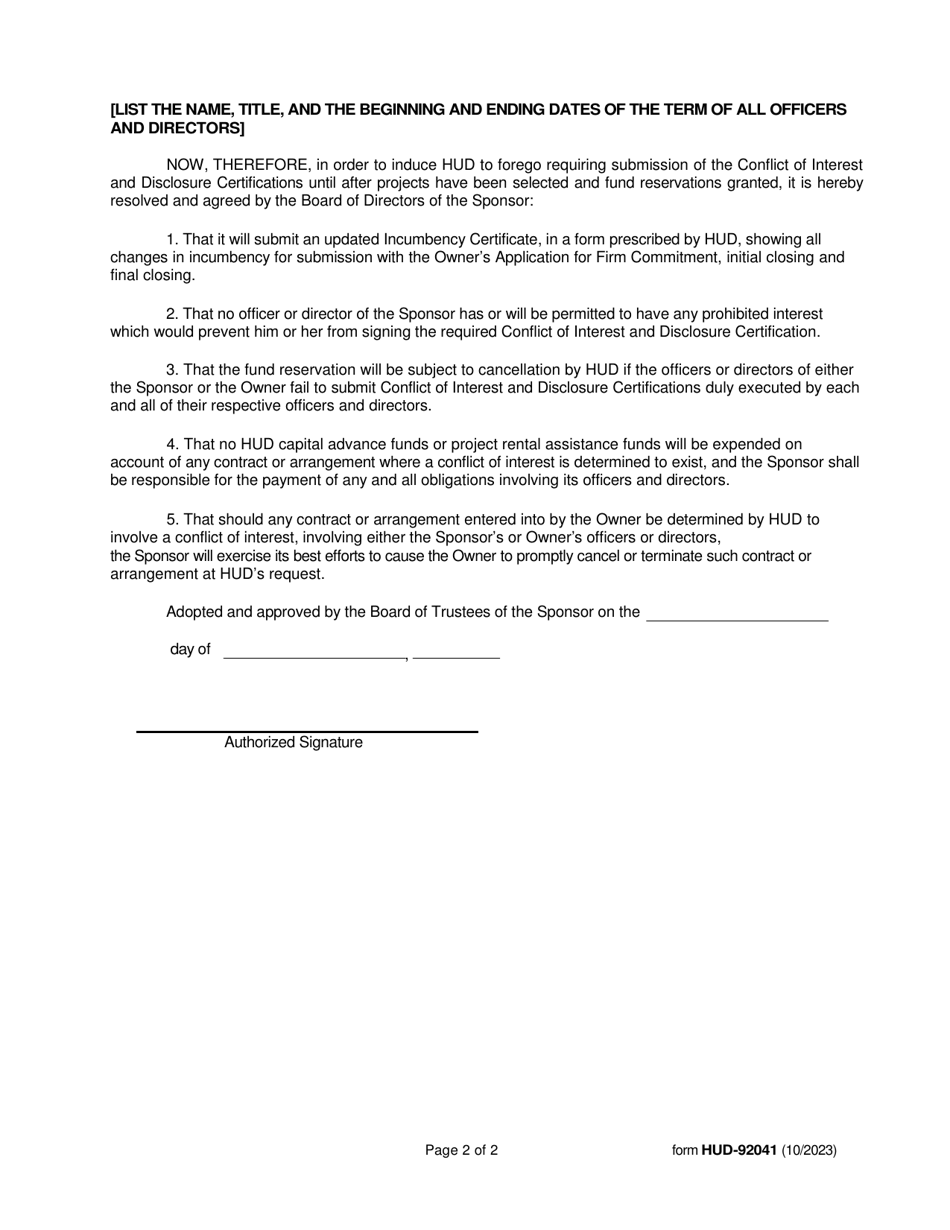 Form HUD-92041 Sponsors Conflict of Interest Resolution, Page 2