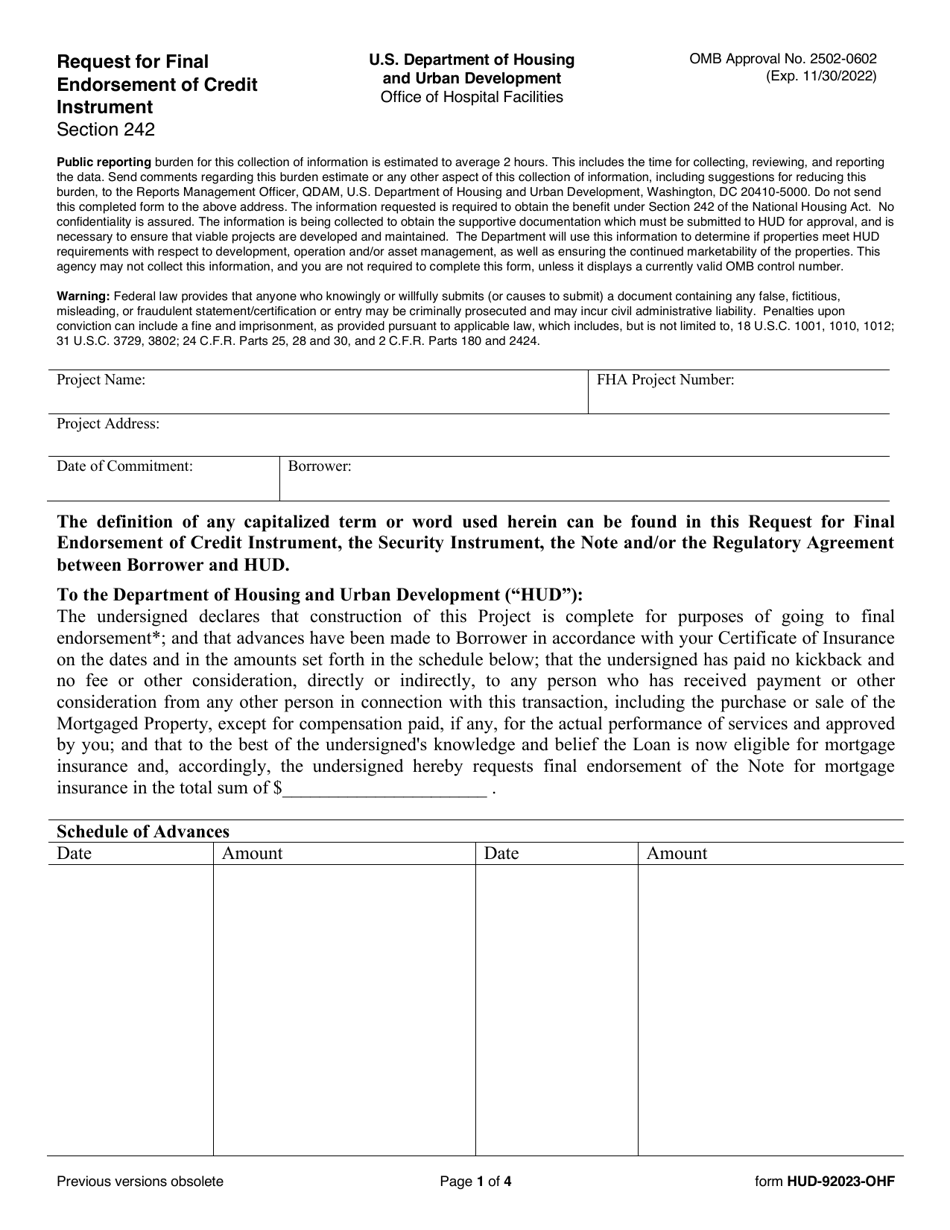 Form HUD-92023-OHF Request for Final Endorsement of Credit Instrument - Hospitals / Section 242, Page 1