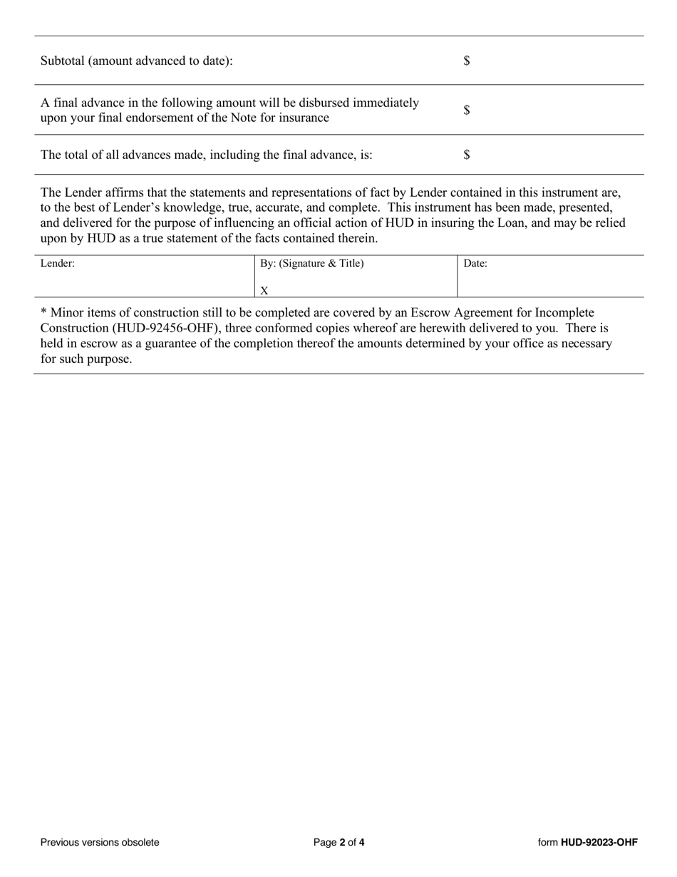 Form HUD-92023-OHF Request for Final Endorsement of Credit Instrument - Hospitals / Section 242, Page 2