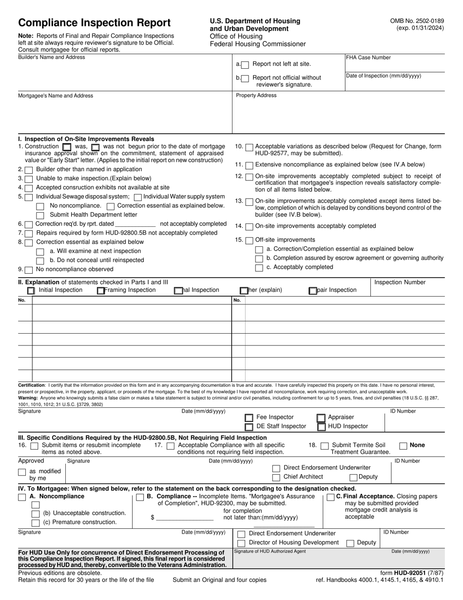 Form HUD-92051 Compliance Inspection Report, Page 1