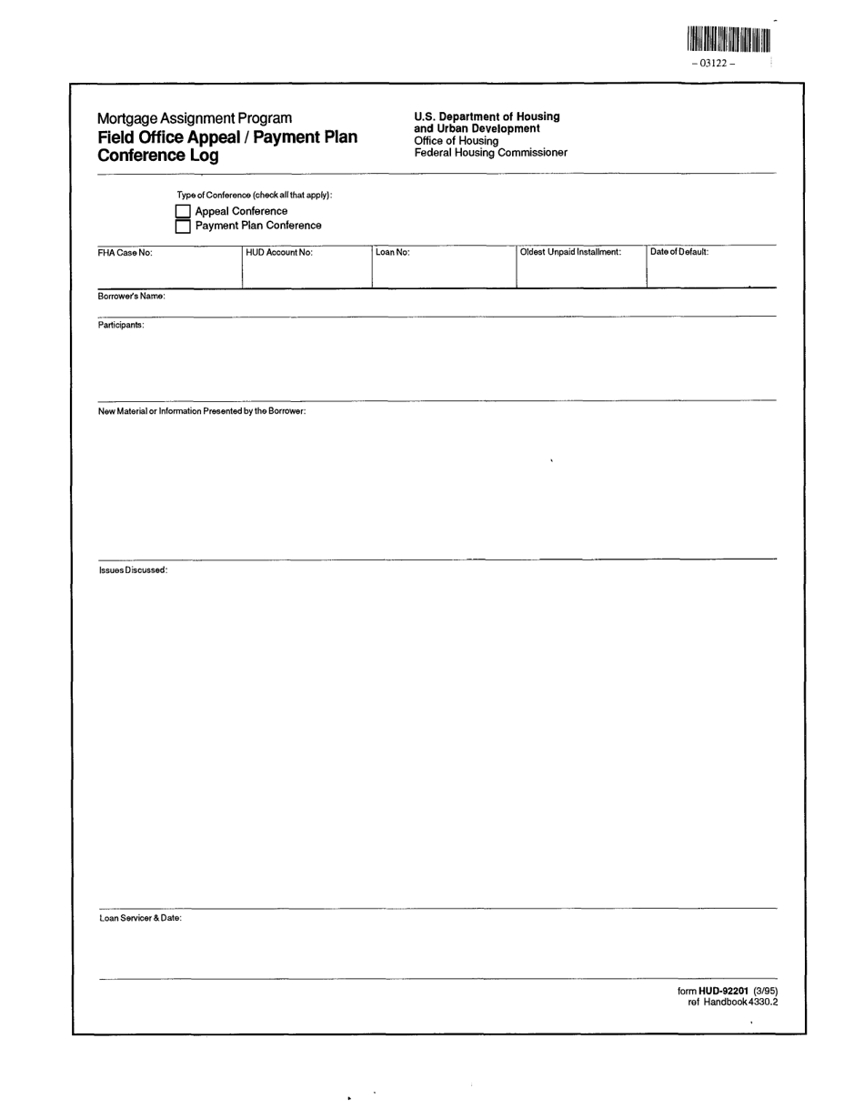 Form HUD-92201 Field Office Appeal / Payment Plan Conference Log, Page 1
