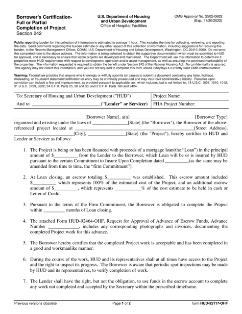 Form HUD-92117-OHF Borrower's Certification - Full or Partial Completion of Project