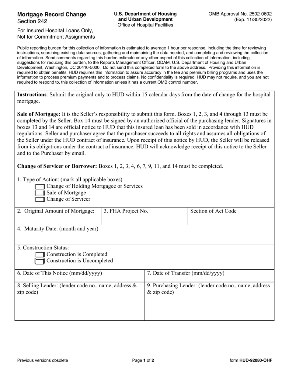 Form HUD-92080-OHF Mortgage Record Change, Page 1