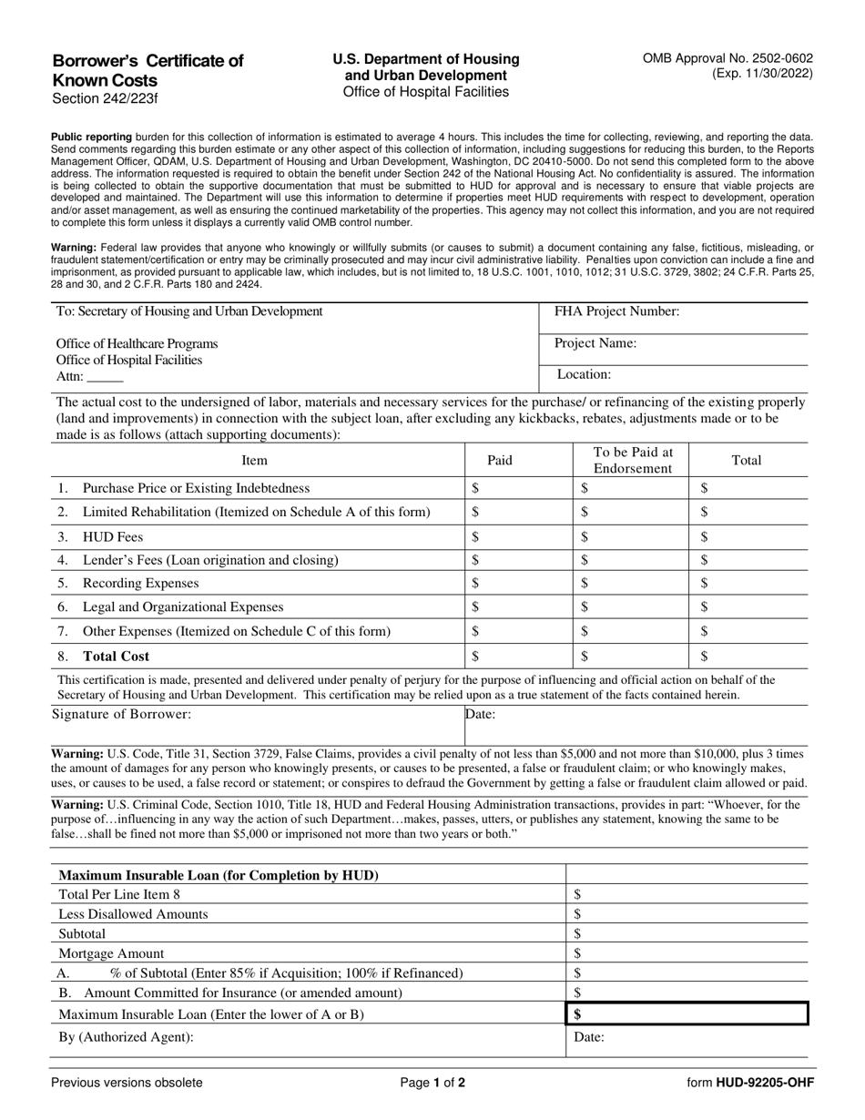 Form HUD-92205-OHF Borrowers Certificate of Known Costs, Page 1