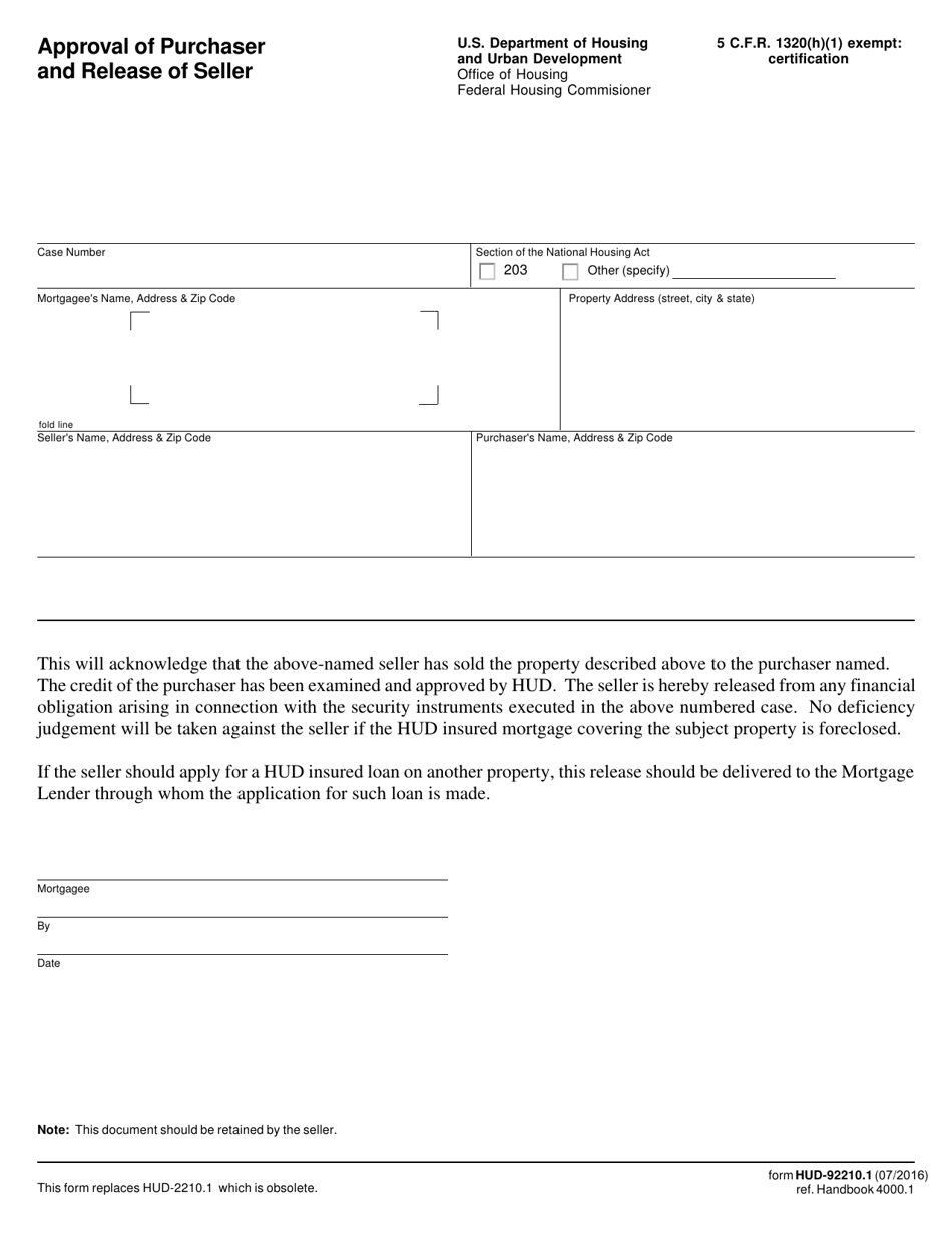 Form HUD-92210.1 Approval of Purchaser and Release of Seller, Page 1