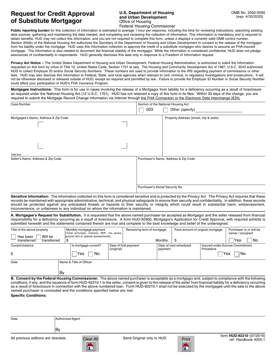 Form HUD-92210 Request for Credit Approval of Substitute Mortgagor, Page 1