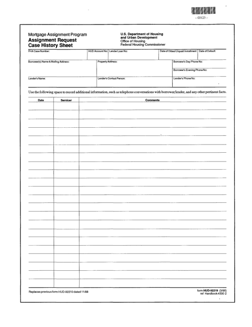Form HUD-92219 Assignment Request Case History Sheet