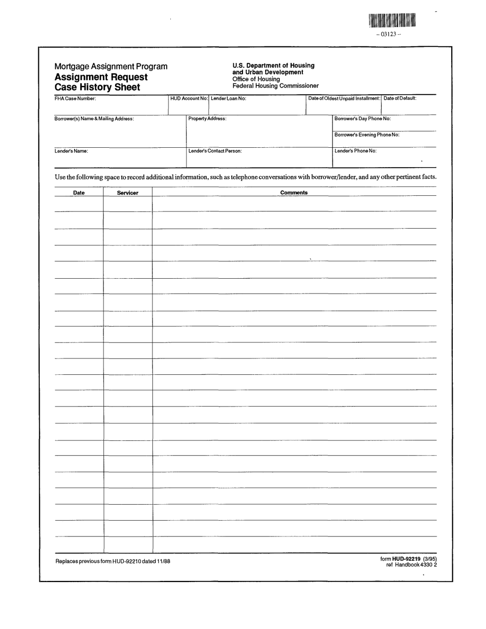Form HUD-92219 Assignment Request Case History Sheet, Page 1