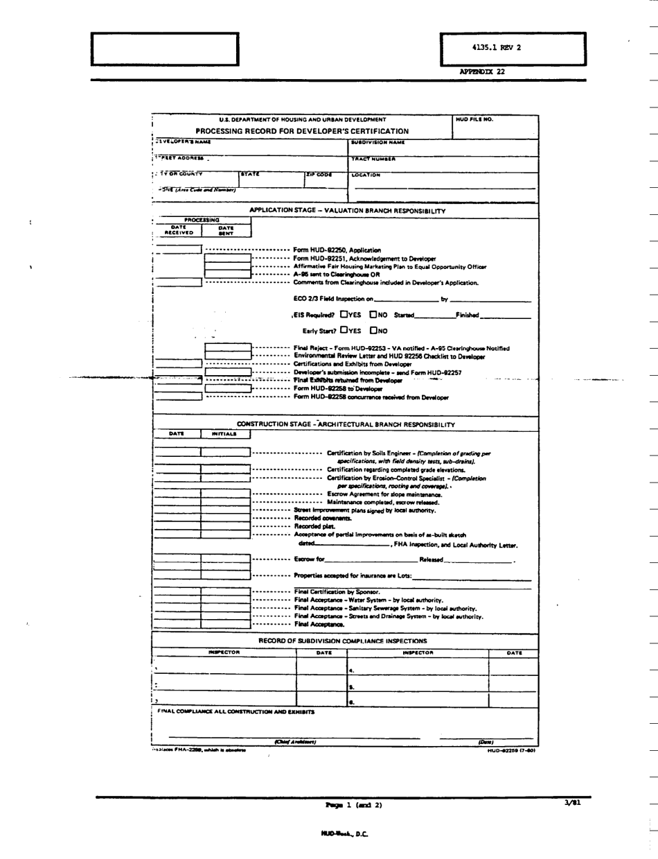 Form HUD-92259 Appendix 22 Processing Record for Developers Certification, Page 1
