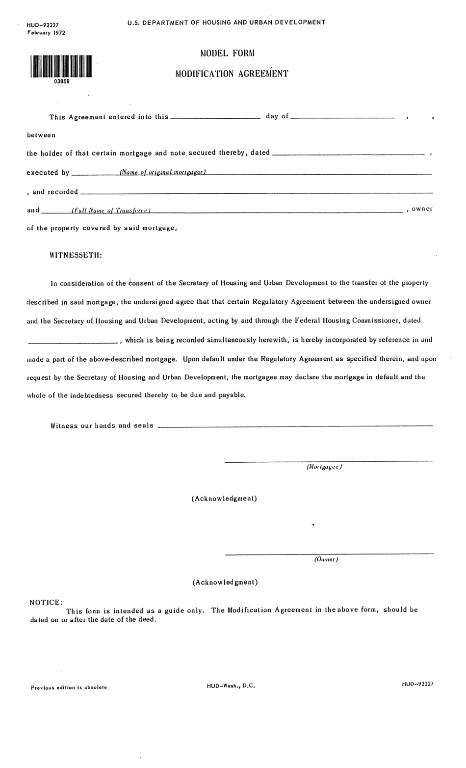 Form HUD-92227 Model Form Modification Agreement, Page 1
