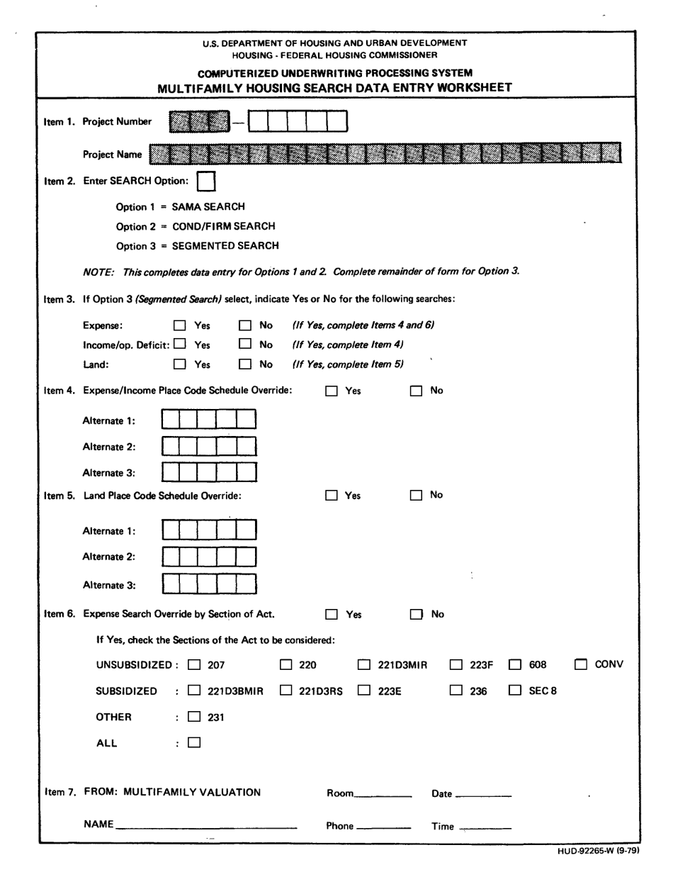 Form HUD-92265-W Multifamily Housing Search Data Entry Worksheet, Page 1