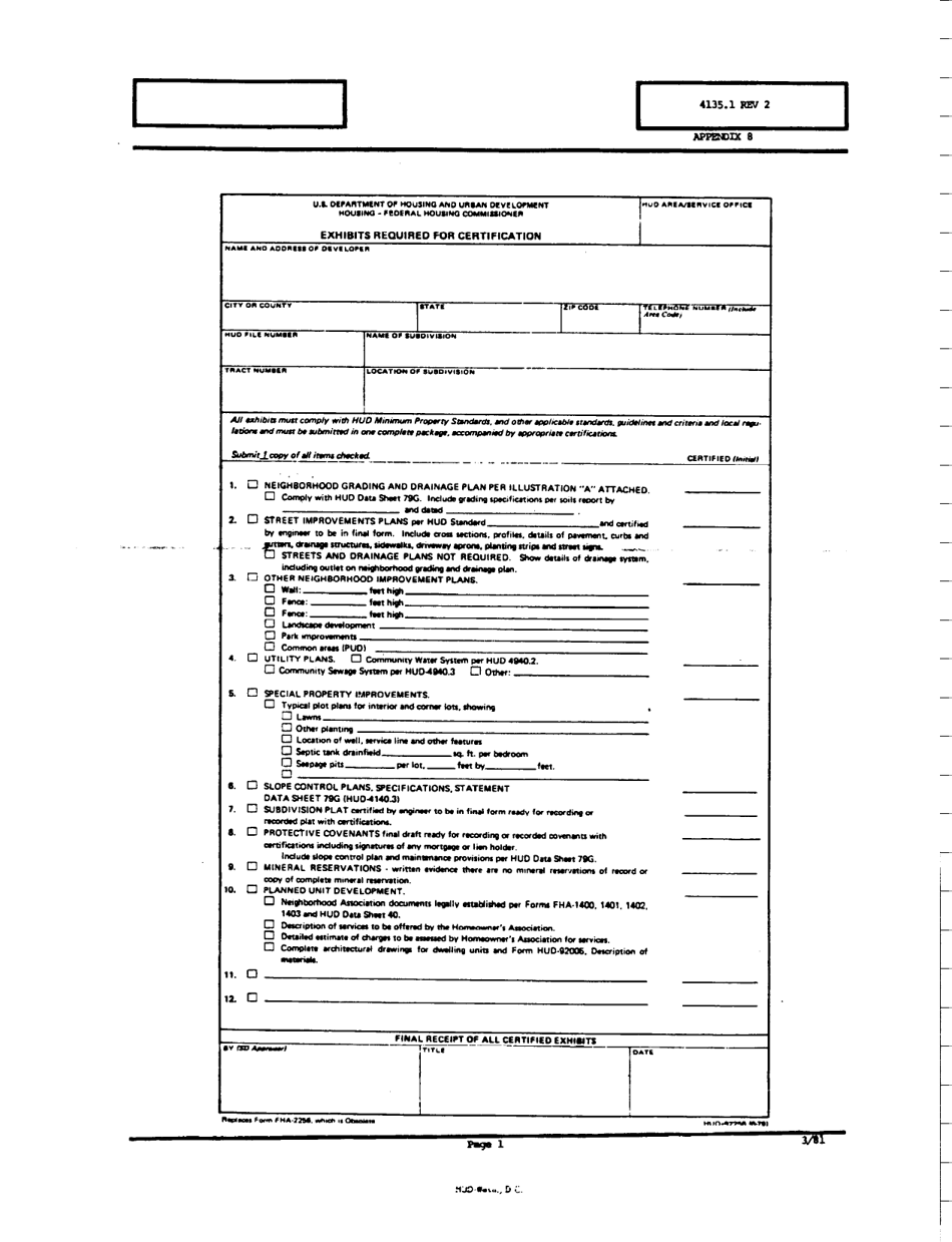 Form HUD-92256 Appendix 8 Exhibits Required for Certification, Page 1