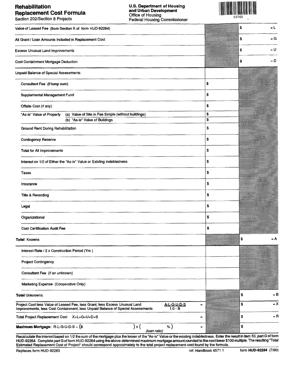 Form HUD-92284 Rehabilitation Replacement Cost Formula - Section 202 / Section 8 Projects, Page 1