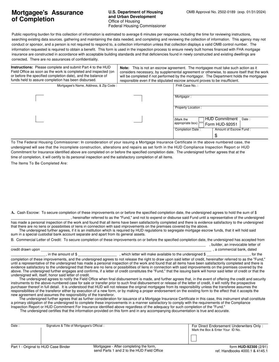 Form HUD-92300 Mortgagees Assurance of Completion, Page 1
