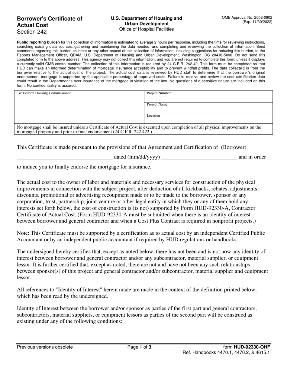 Form HUD-92330-OHF Borrowers Certificate of Actual Cost - Hospitals / Section 242, Page 1