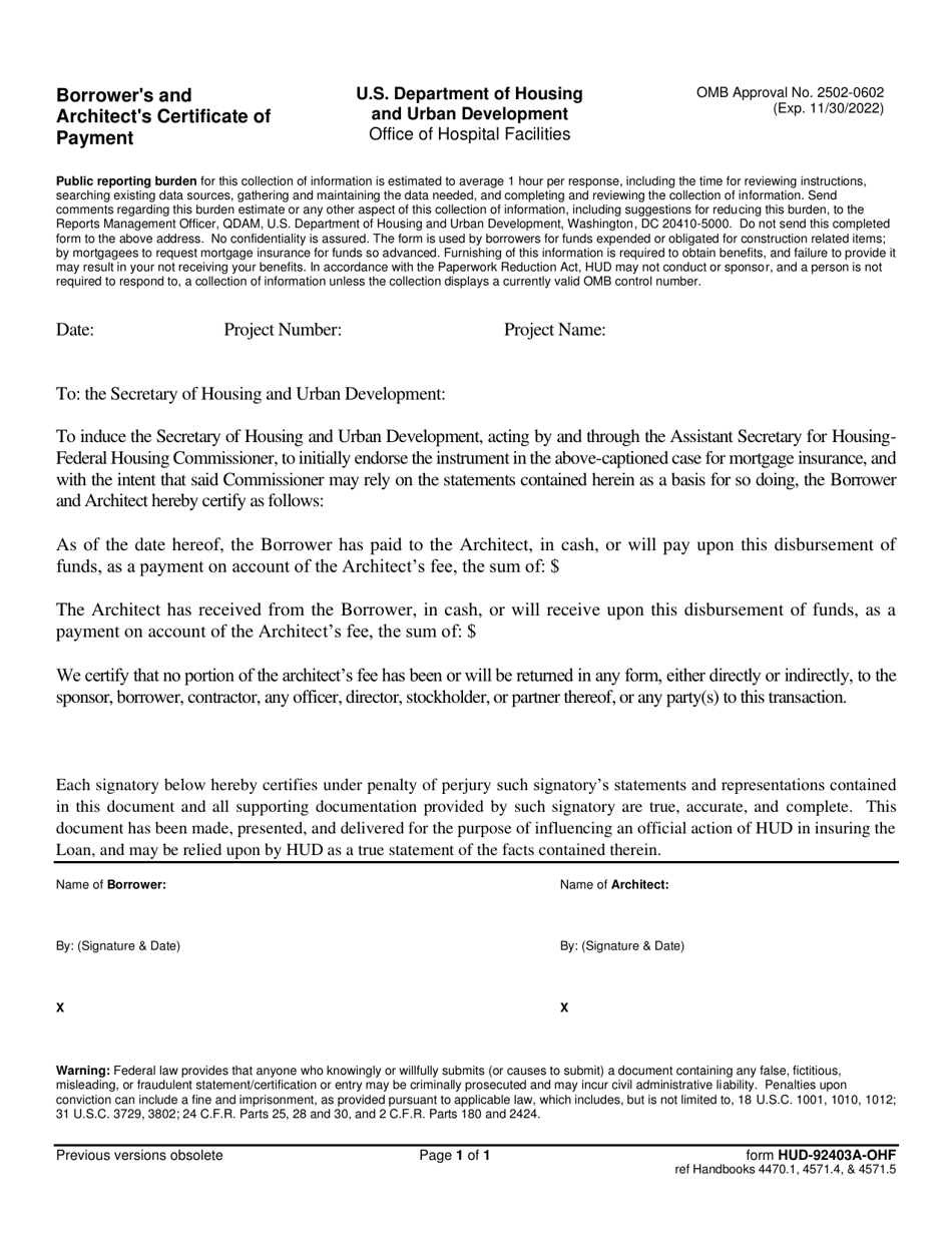 Form HUD-92403A-OHF Borrowers and Architects Certificate of Payment, Page 1