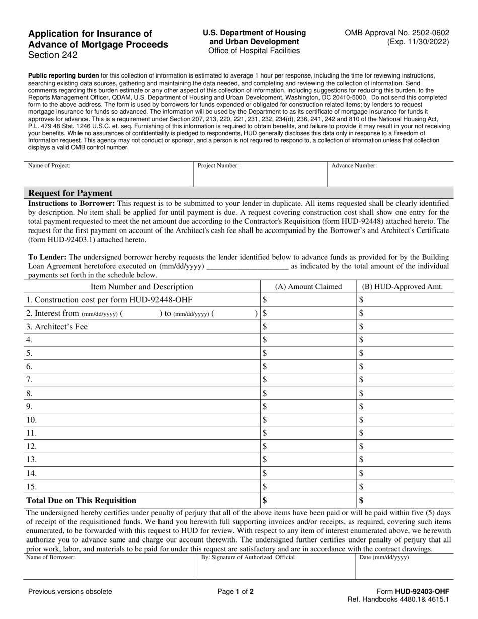 Form HUD-92403-OHF Application for Insurance of Advance of Mortgage Proceeds - Section 242, Page 1