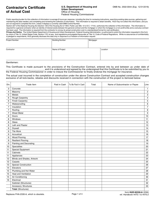 Form HUD-92330-A - Fill Out, Sign Online and Download Fillable PDF ...