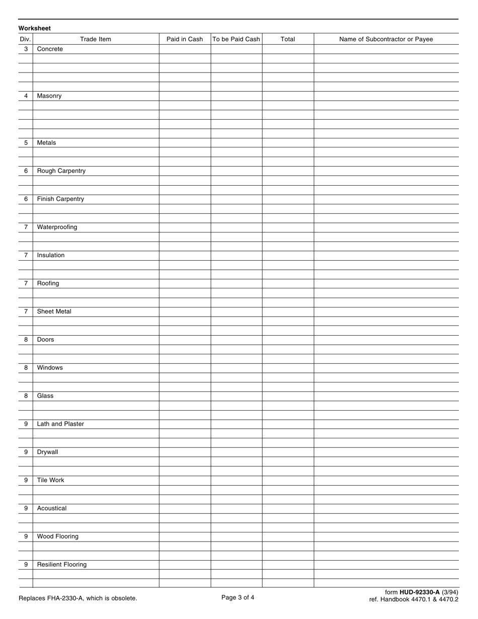 Form HUD92330A Fill Out, Sign Online and Download Fillable PDF