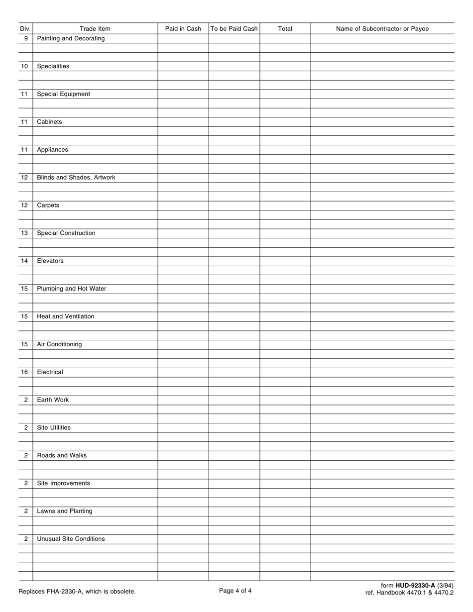 Form HUD92330A Fill Out, Sign Online and Download Fillable PDF