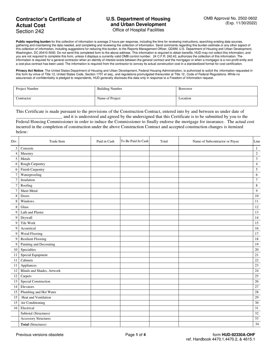 Form HUD-92330A-OHF Contractors Certificate of Actual Cost - Hospitals / Section 242, Page 1