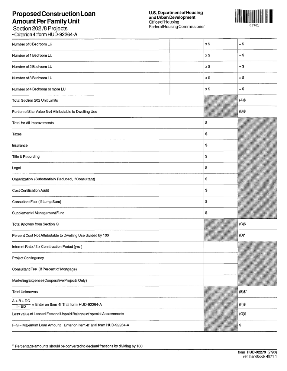 Form HUD-92279 Proposed Construction Loan Amount Per Family Unit - Section 202 / 8 Projects, Page 1