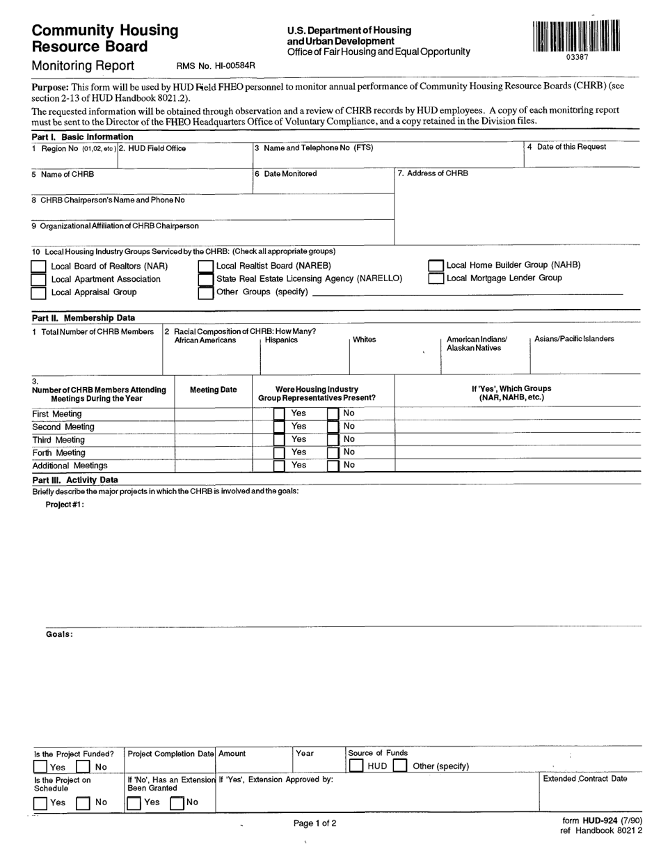 Form HUD-924 Community Housing Resource Board Monitoring Report, Page 1