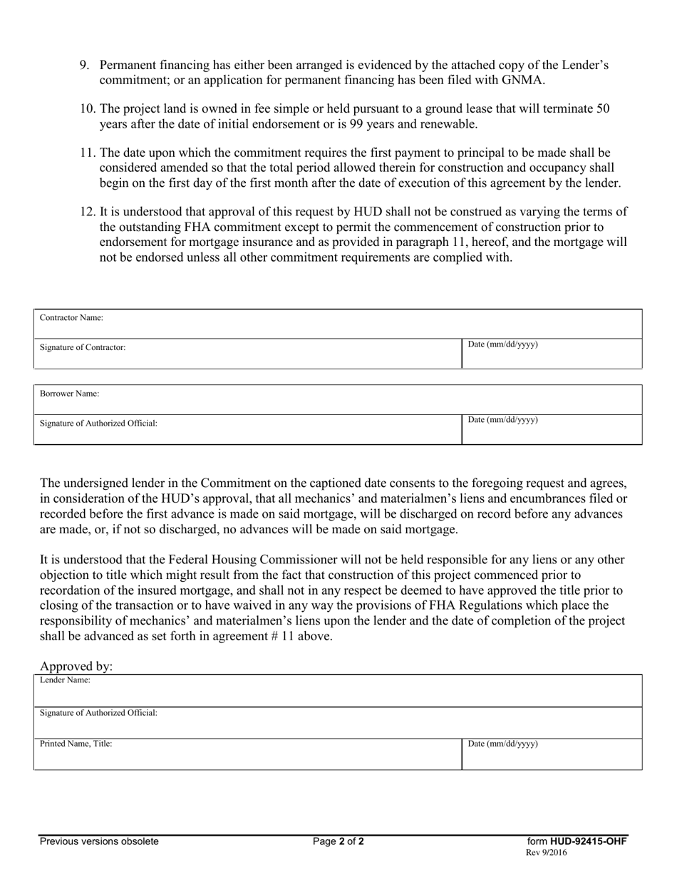 Form HUD-92415-OHF Request for Permission to Commence Construction Prior to Initial Endorsement for Mortgage Insurance - Hospitals / Section 242, Page 2