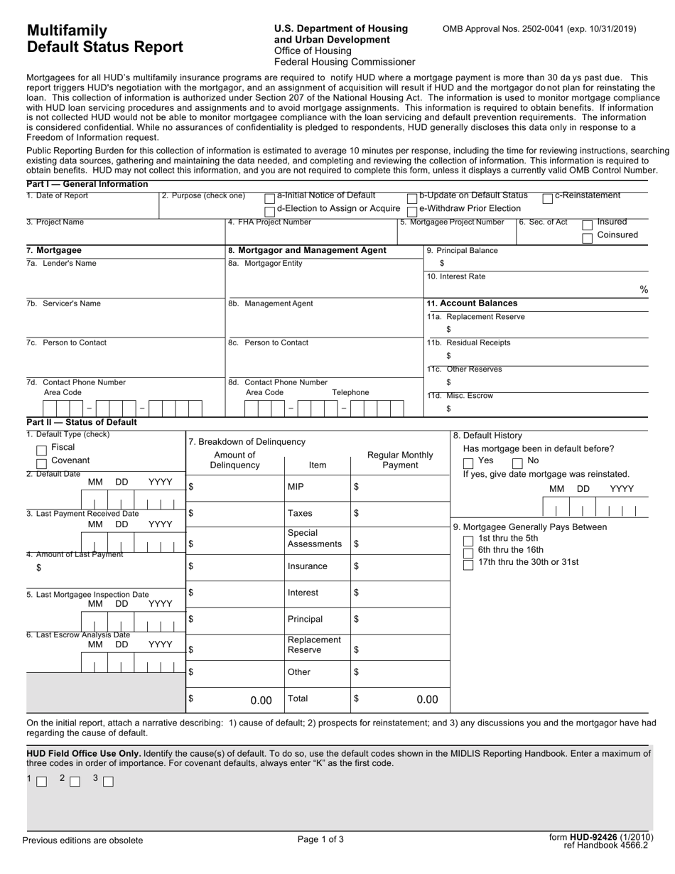 Form HUD-92426 Multifamily Default Status Report, Page 1
