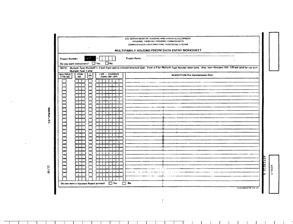 Form HUD-92431-W Appendix 6 Multifamily Housing P2437m Data Entry Worksheet, Page 1