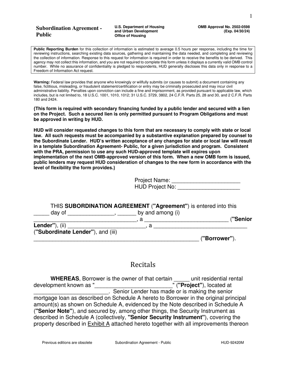 Form HUD-92420M Subordination Agreement - Public, Page 1