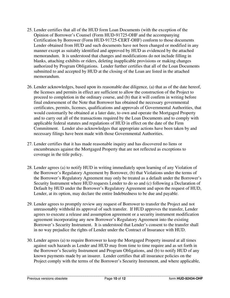 Form HUD-92434-OHF Lenders Certificate, Page 10