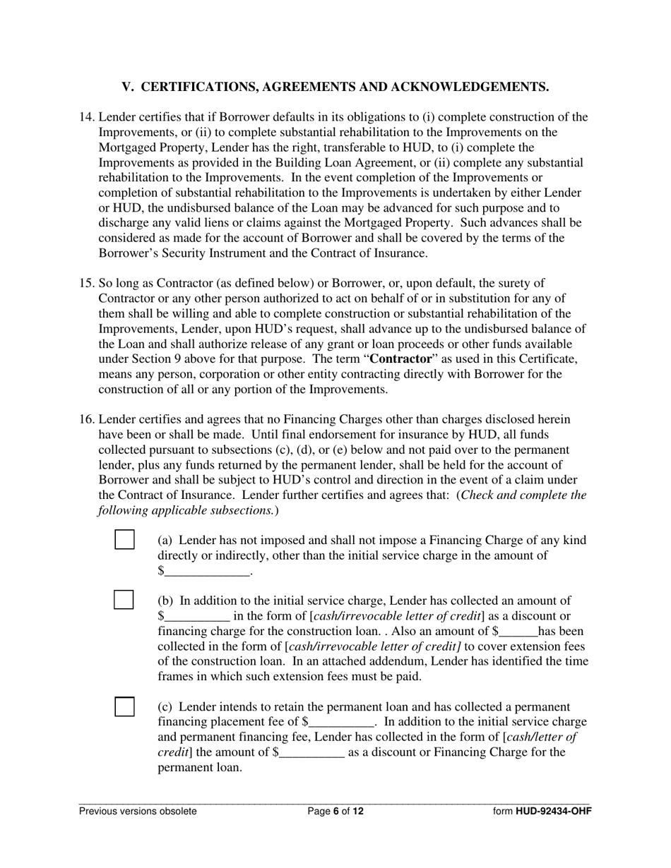 Form HUD-92434-OHF Lenders Certificate, Page 6