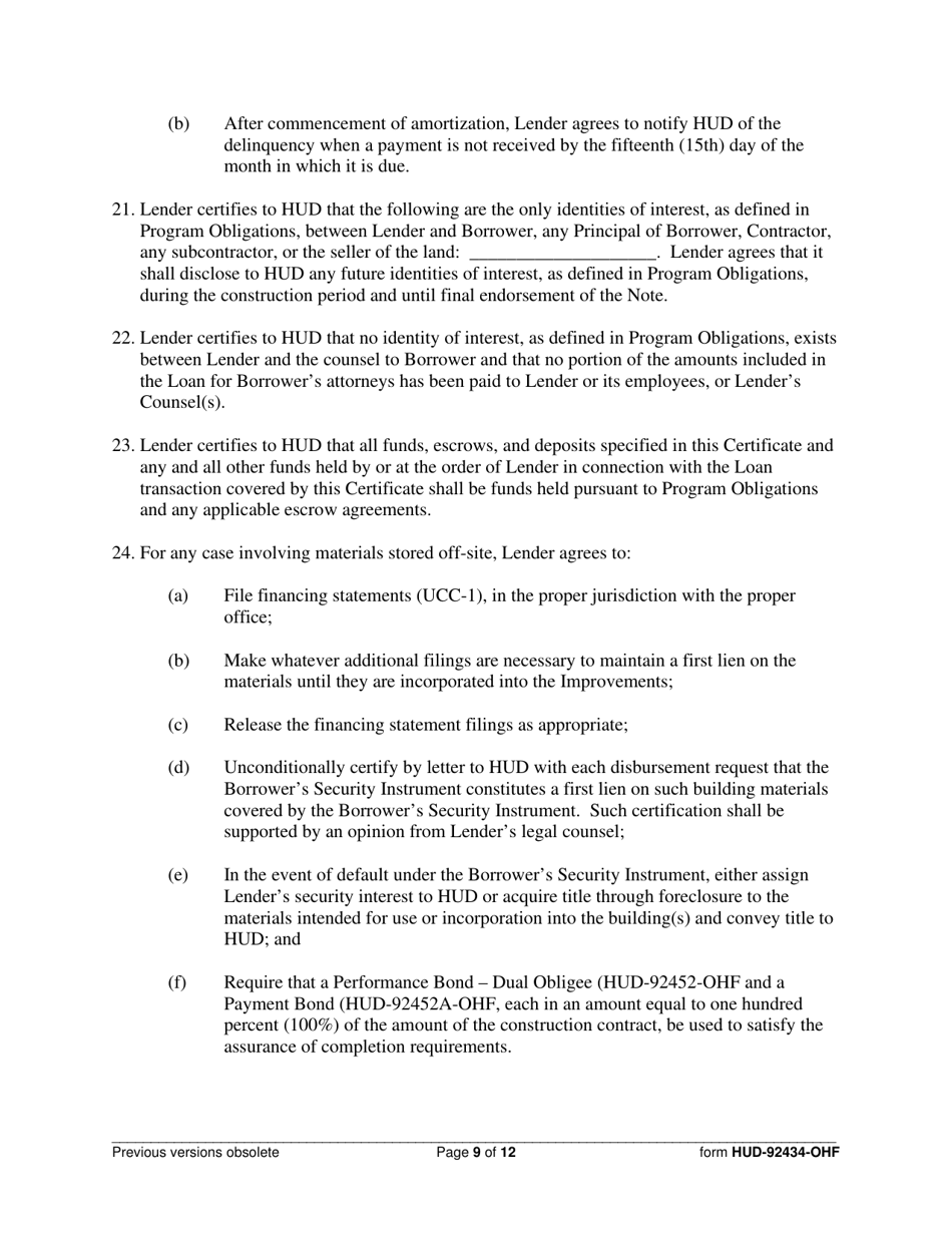 Form HUD-92434-OHF Lenders Certificate, Page 9