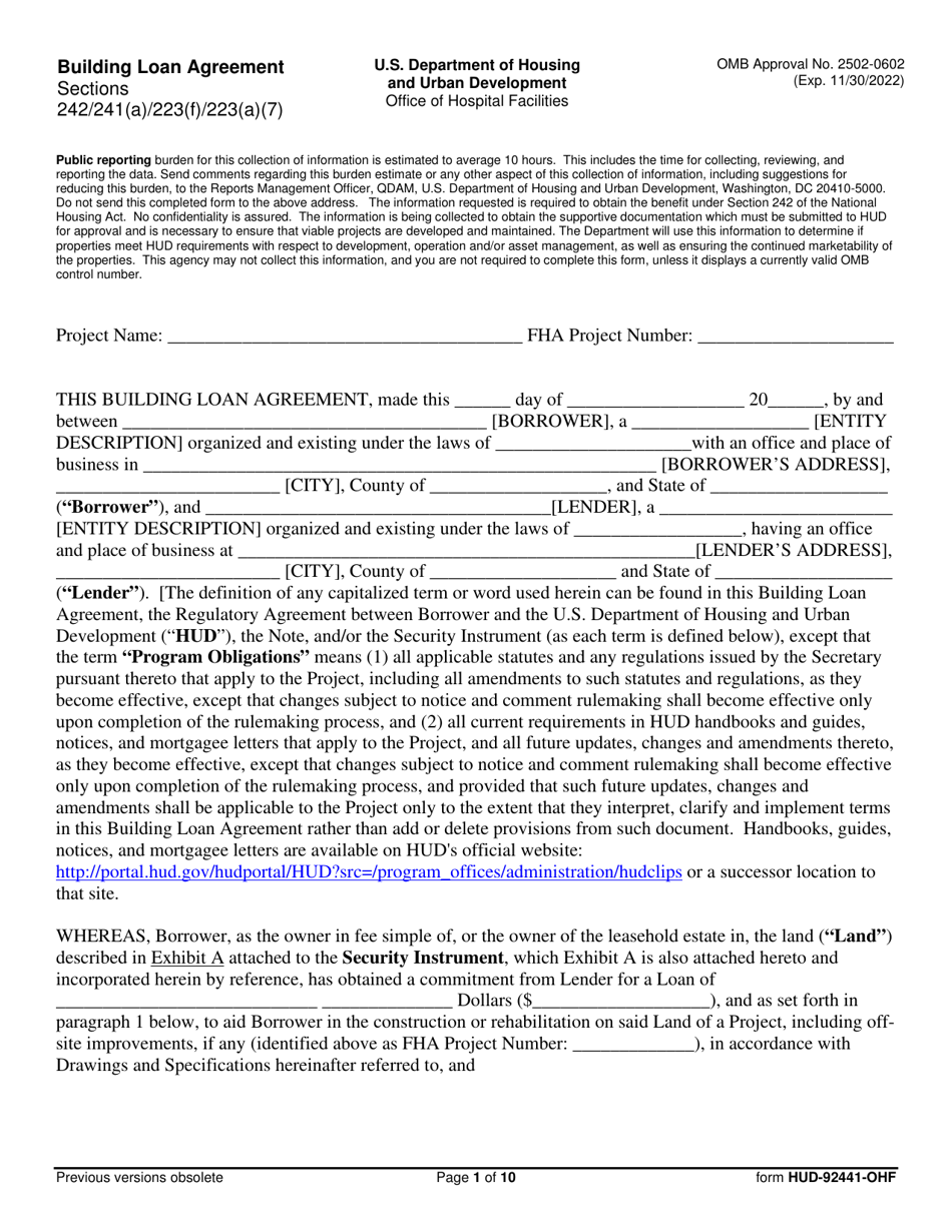 Form HUD-92441-OHF Building Loan Agreement, Page 1
