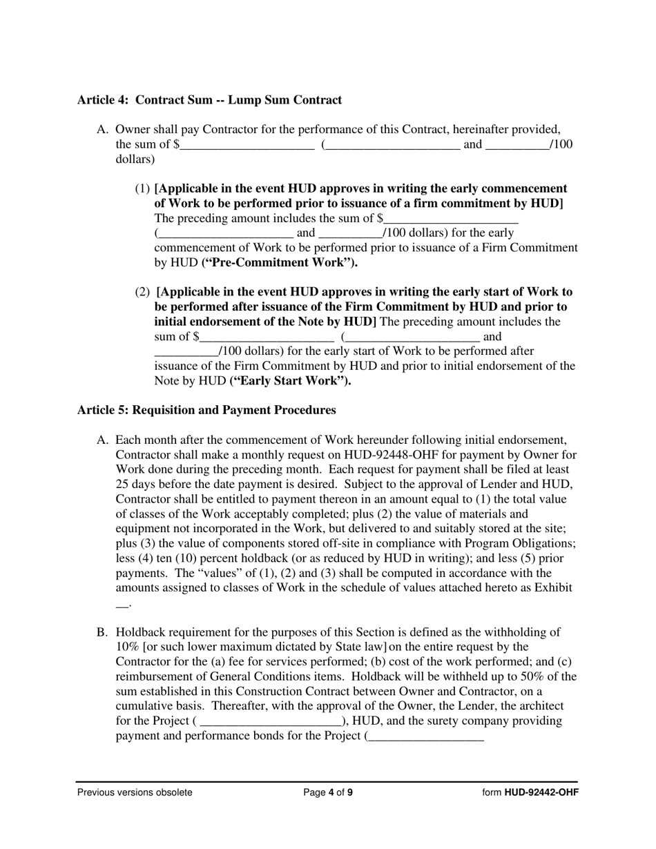 Form HUD-92442-OHF Construction Contract, Page 4