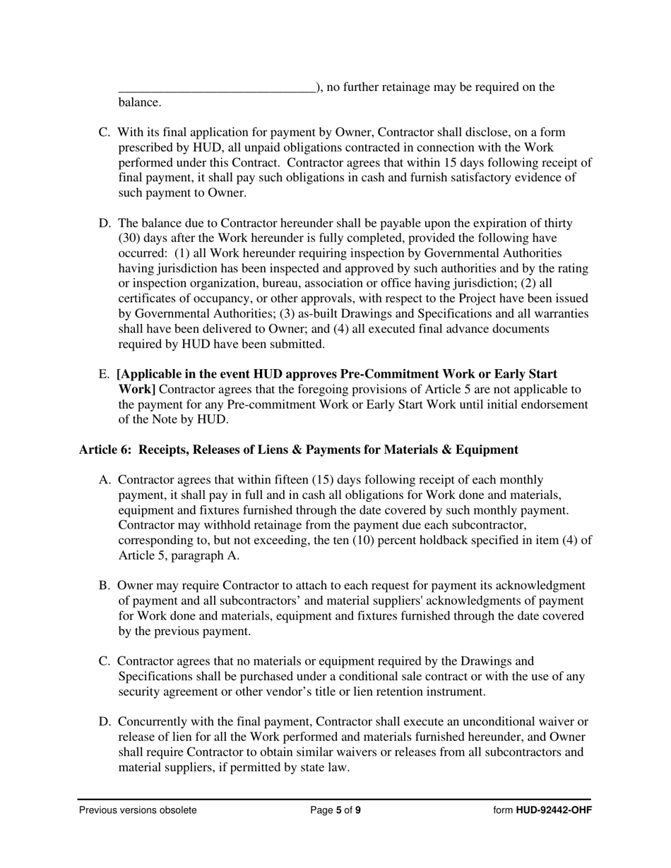 Form HUD-92442-OHF Construction Contract, Page 5