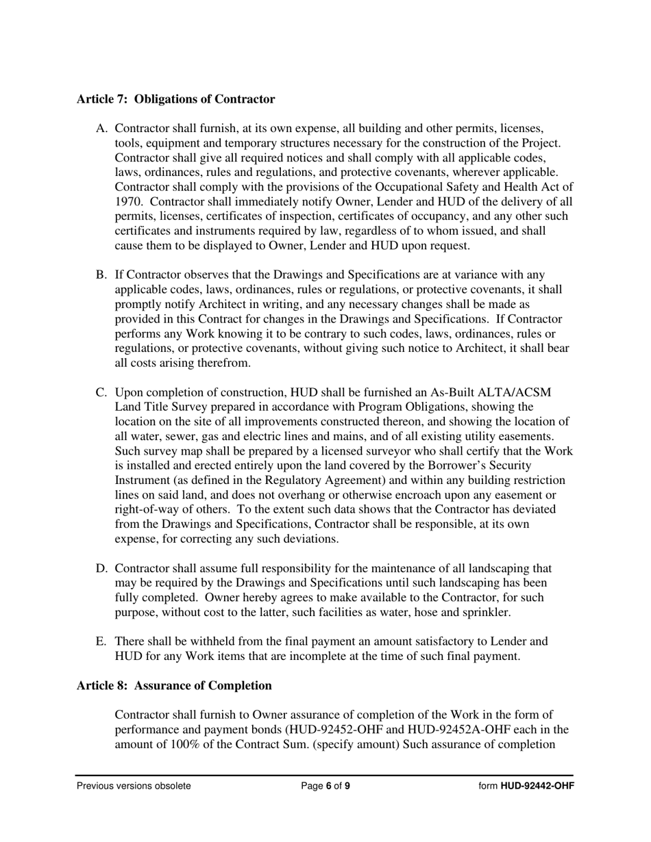 Form HUD-92442-OHF Construction Contract, Page 6